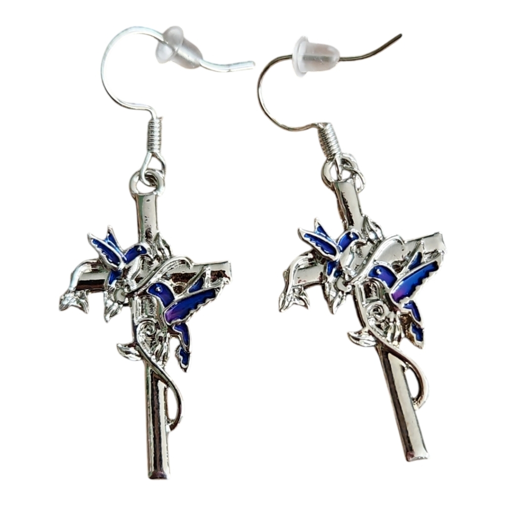 Hummingbird & Vine Cross Earrings
